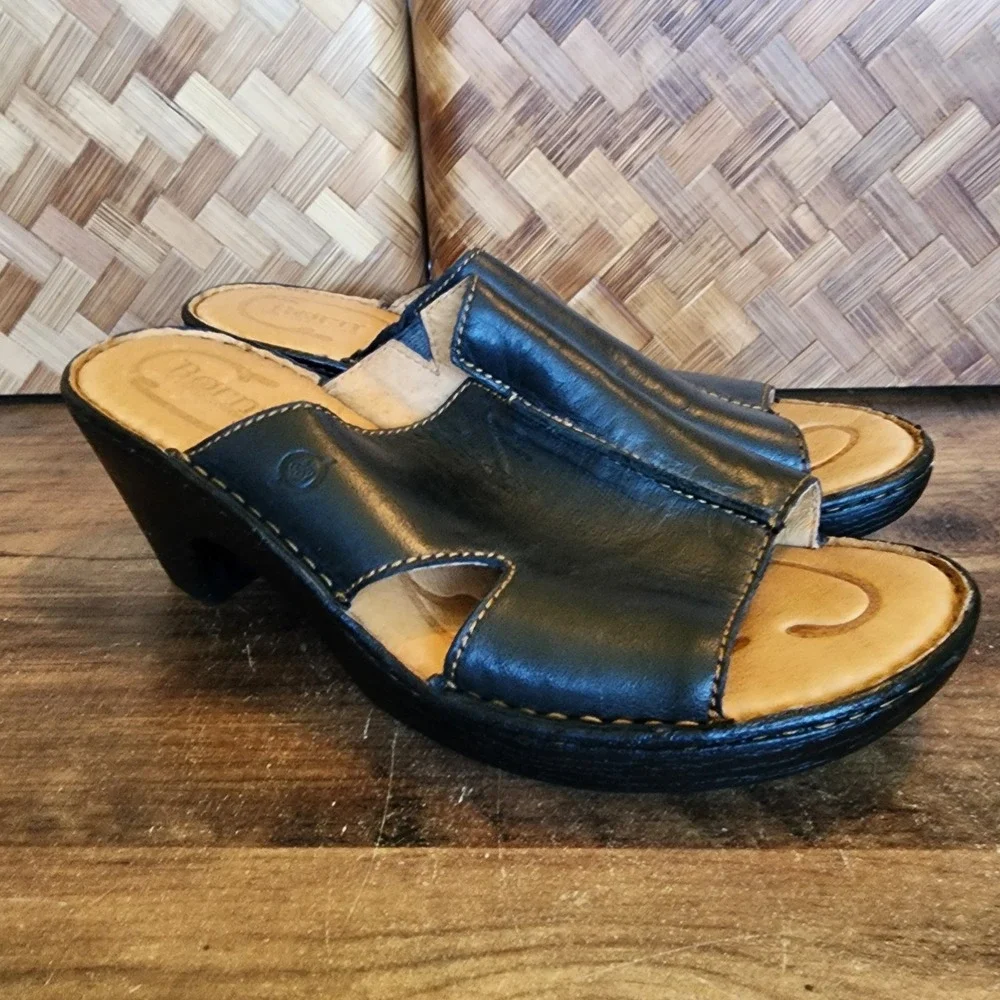 Born Shoes Women's Size 10 Black Leather Slide Wedge Heels Clogs Slip On Sandals